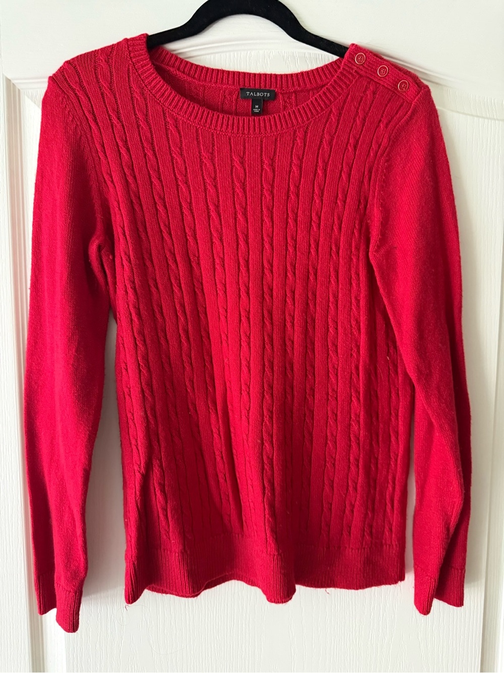 Talbots Bright Red Cable Knit Crew with Shoulder Buttons